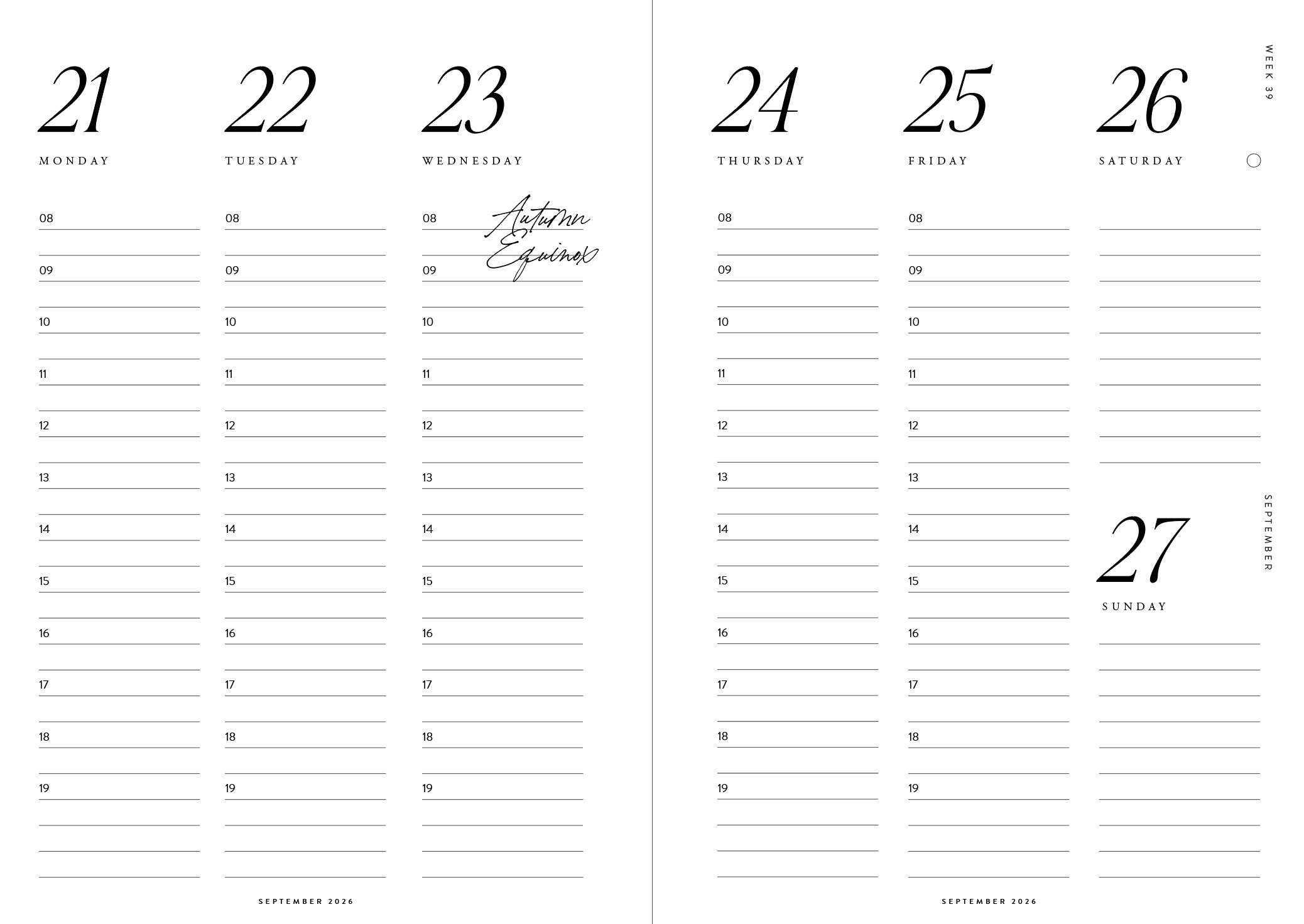 Cozy Publishing Planner Shoot for the Moon Darling: een minimalistische hardcover weekplanner voor 21-27 september 2020. Met uurroosters van 8-19, "Herfst Equinox" handgeschreven op woensdag en een strak zwart-wit ontwerp.