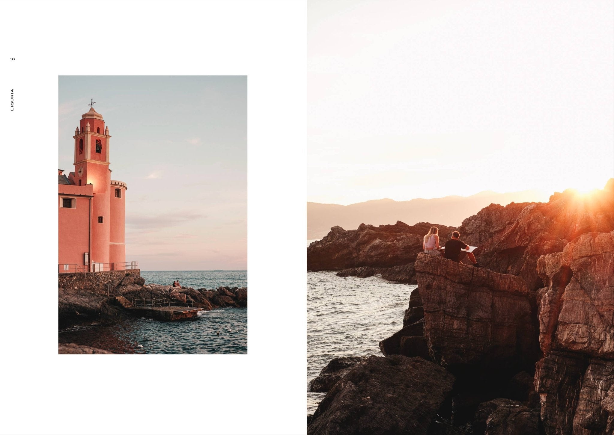 Links: Een pastelroze kerktoren aan zee bij zonsondergang, een verborgen parel van Italië. Rechts: Twee mensen genieten op rotskliffen van het uitzicht, zoals beschreven in de Cozy Publishing Somewhere in Italy Reisgids.