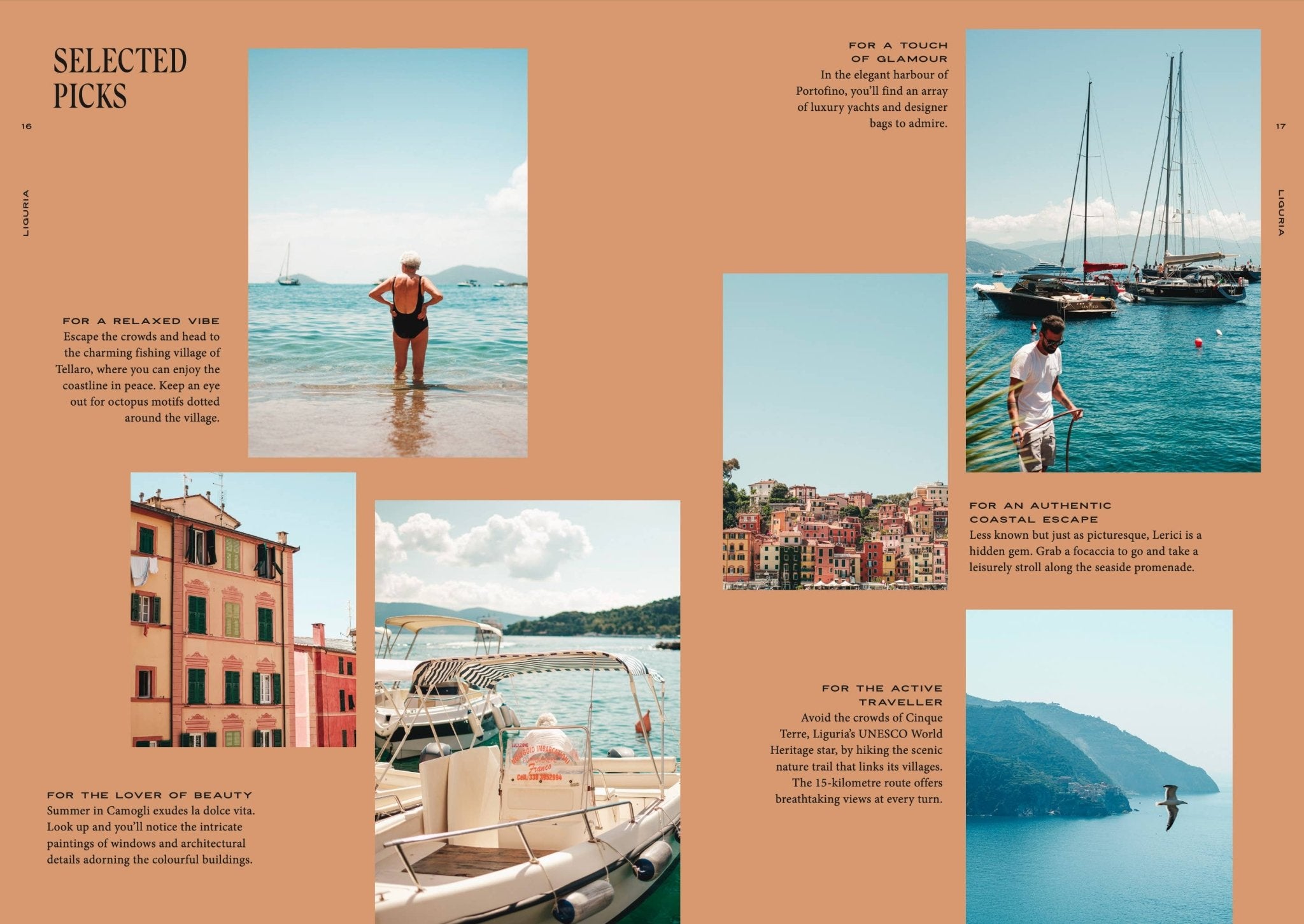 Een spread in het magazine bevat Italiaanse kustfoto's - pastelkleurige dorpjes, jachthavens en huizen op kliffen - met tips van de Cozy Publishing Somewhere in Italy Reisgids om je reis te inspireren.