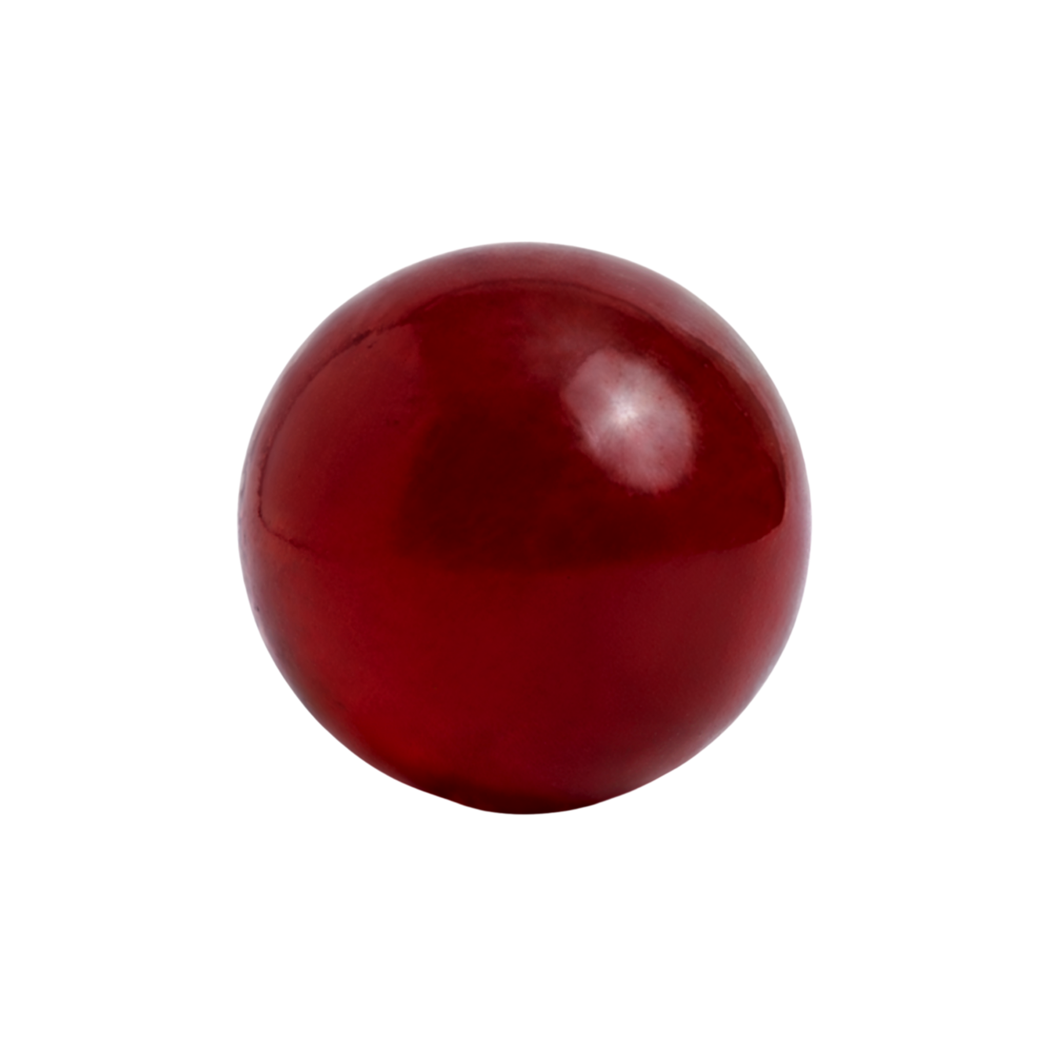 Een glanzende, gladde, rode bol met een spiegelend oppervlak staat centraal op een effen witte achtergrond en roept het minimalisme en de elegantie op die kenmerkend zijn voor Scandinavisch design – net als de esthetische eenvoud die tot uiting komt in de Matias Moellenbach OBA Zeep Bar Terralis van Matias Moellenbach.