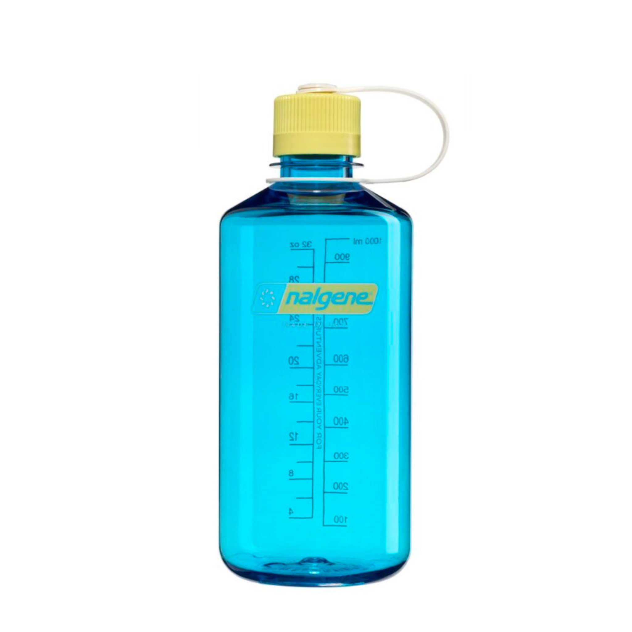 De Nalgene Drinkfles met smalle opening, Blauw Atoll Endive 1L heeft een blauwe fles, een gele schroefdop, een witte draagriem, maatstreepjes en het Nalgene-logo. BPA-vrij voor veilig drinken.