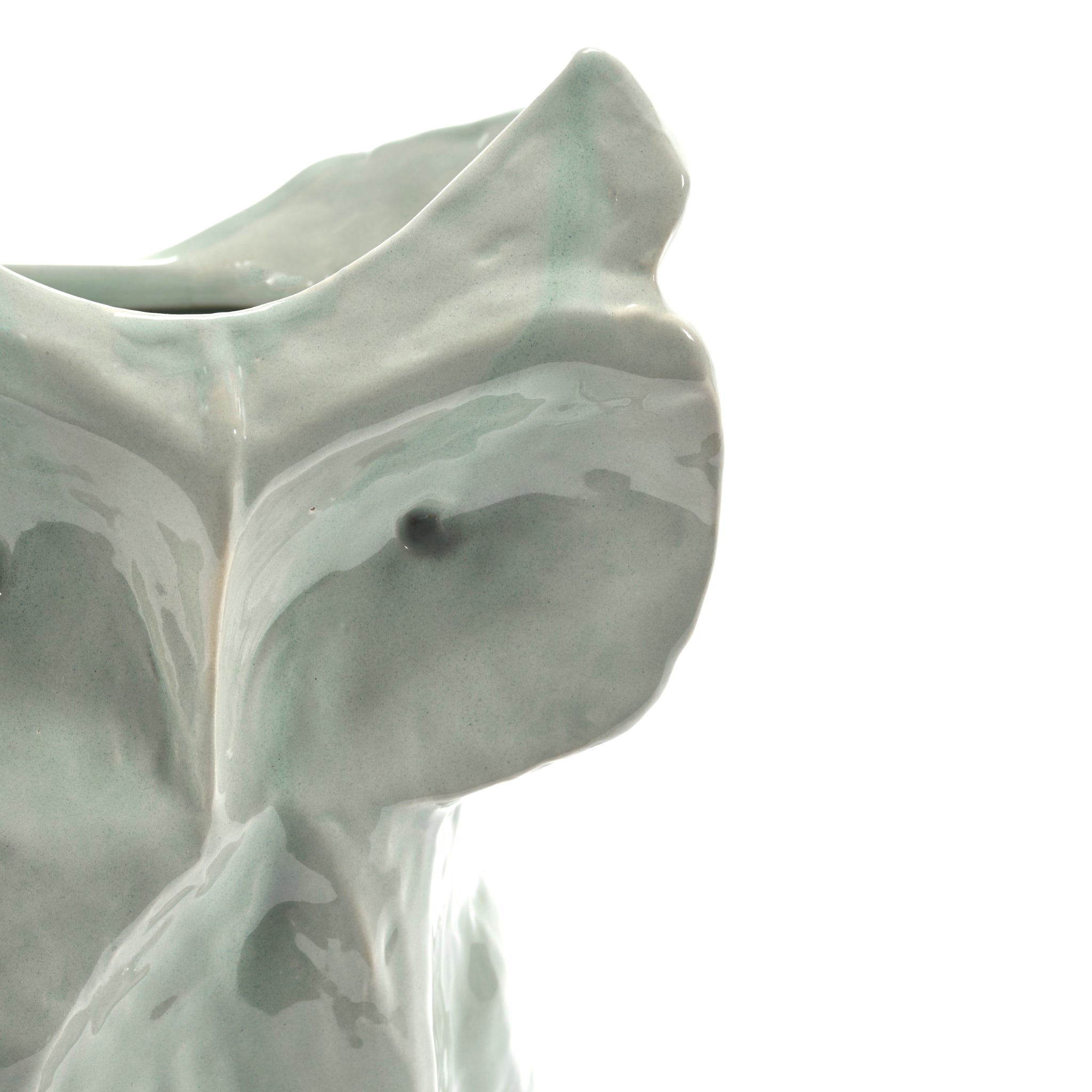 Close-up van de Serax After Midnight Uil Vaas Lichtblauw S, een glanzende vaas van lichtblauw keramiek met een abstracte organische vorm en een gestructureerd oppervlak van Serax, tegen een witte achtergrond.