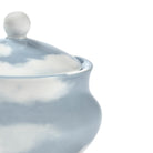 Een close-up van de Serax Wouters & Hendrix Fête Des Bêtes Suikerpot Lichtblauw, een lichtblauwe porseleinen suikerpot met deksel van Serax, afgebeeld tegen een effen witte achtergrond.